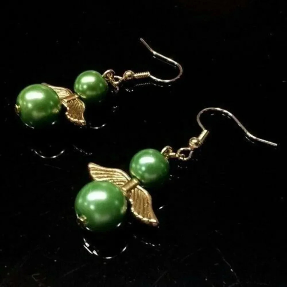 Handmade Green Glass Pearl and Gold Plated Pewter Angel Wings Dangle Earrings